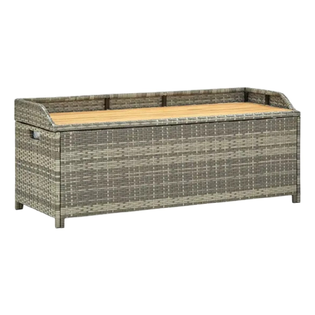 Technische Beschreibung: Wetterfeste Aufbewahrungsbank mit Rattan-Muster und Holzoberfläche