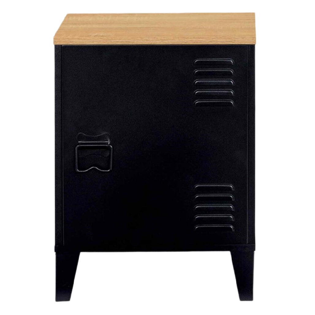 Schrank mit Holzoberfläche und Metallgestell, schwarz