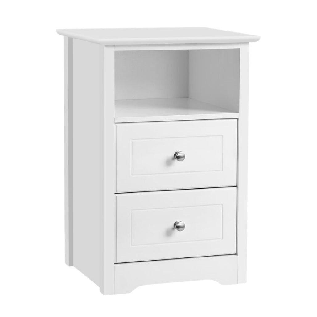 Hochwertiger weißer Nachttisch mit zwei Schubladen und offener Ablage